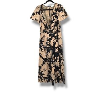 Anthropologie Floral Print Jumpsuit Wide Leg Tan Black Short Sleeve S‎